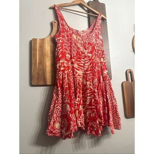 Free People Ginko Red Yellow Floral Sleeveless Swing Mini Dress Size Medium